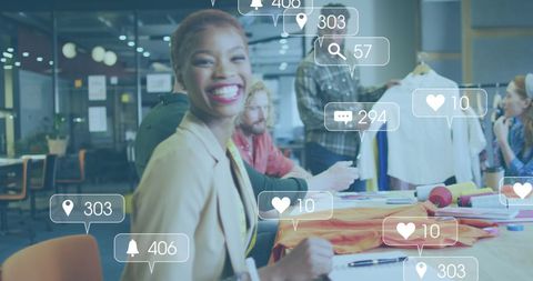 Diverse business team collaborating with digital media interface