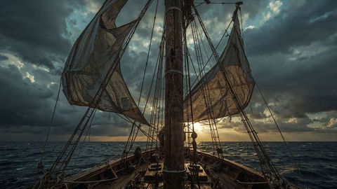 Weathered pirate ship against dramatic cloudy sky at sunset