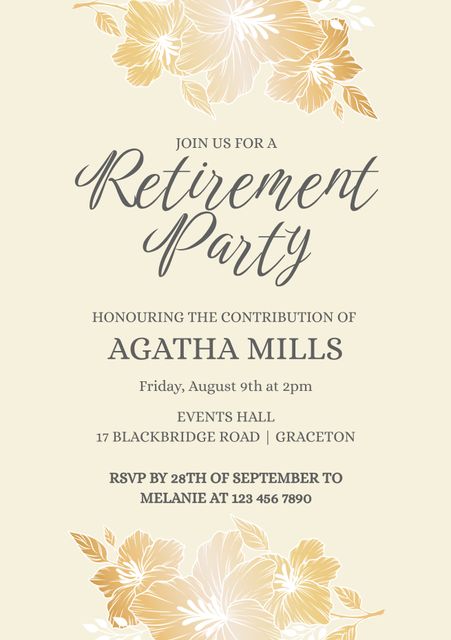 An elegant invitation for a retirement party, featuring a sophisticated design with gold floral accents on a beige background. This template is ideal for formal celebrations, creating a warm and inviting tone for a retirement event. Perfect for sending to guests either physically or digitally, ensuring they have all the essential details for the event.