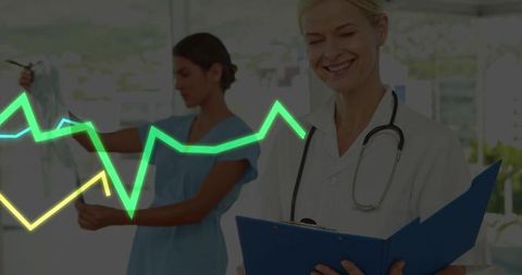 Healthcare professional analyzing patient chart with ecg overlay