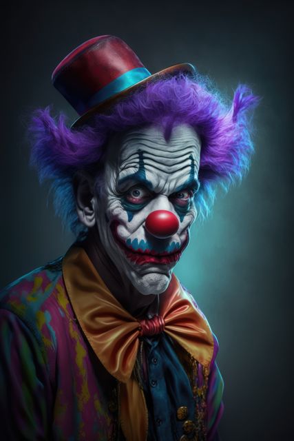 Close up of scary clown in red hat and multi coloured wig, created using generative ai technology. Evil clown and scare concept digitally generated image.