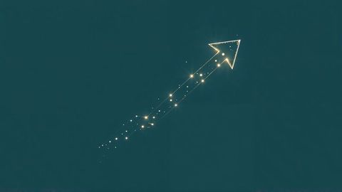 Glowing arrow construct from shining gold particles on teal background