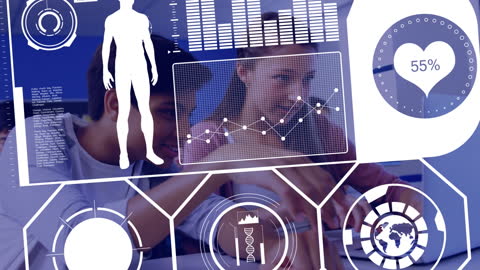 Students Using Digital Technology and Data Interface in Classroom