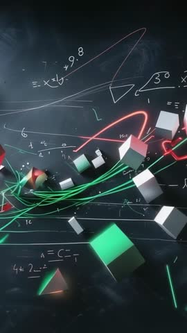 Emerging Cubes and Neon Wires Weaving Through Math Grid Futuristic Vertical Motion Graphics