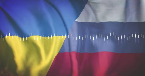 Ukraine and russia flags with digital data wave overlay