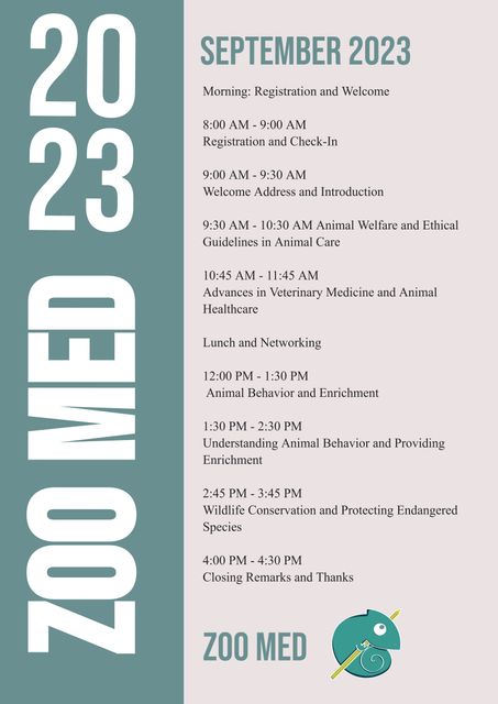 This image shows the event schedule for Zoo Med 2023 in September, including key programs and sessions related to animal welfare, veterinary medicine, and conservation. Useful for attendees to know the agenda and topics covered, or for promoting the event to relevant professionals.