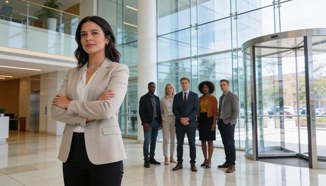 Confident female executive leading diverse corporate team in modern glass lobby