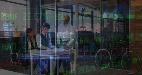 Financial Data Overlaying on Business Meeting in Modern Office