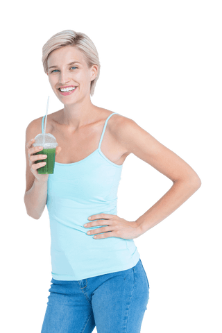joyful woman with green drink on white transparent background - Download Free Stock Videos Pikwizard.com