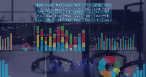Digital data analysis interface overlay in contemporary office