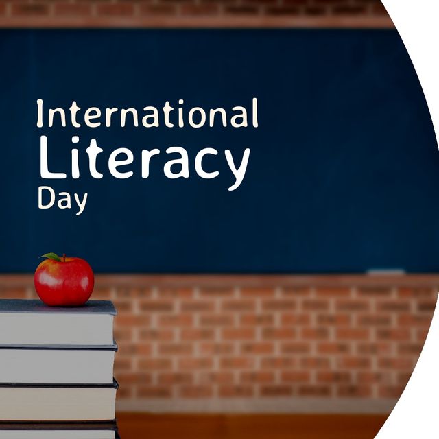 Digital composite image of apple on stacked books with international literacy day text in classroom. Copy space, importance of literacy, education, matter of dignity and human rights.