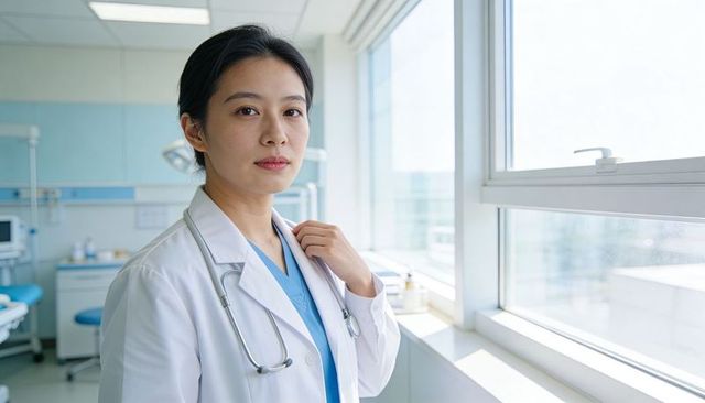 Asian female doctor standing in sunlit clinic wearing lab coat stethoscope and blue scrubs