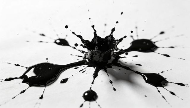 Glossy black ink splash crown with radial droplets on white surface macro