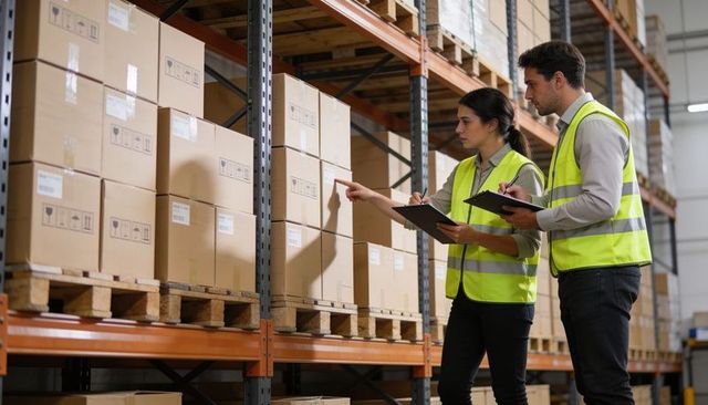 Warehouse inventory audit with workers inspecting pallet boxes, pointing and taking notes