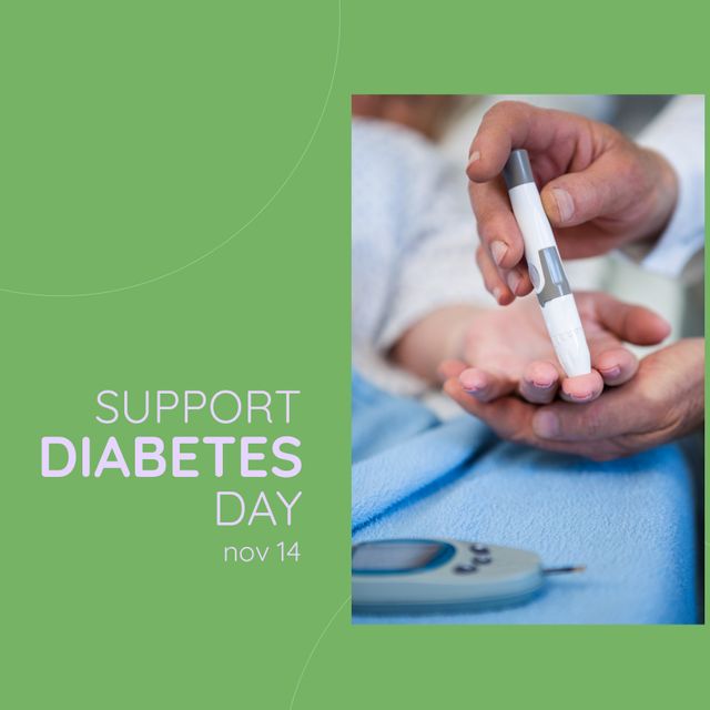 Image depicts a healthcare provider checking a patient's blood sugar level to support and raise awareness for Diabetes Day on November 14. Useful for promoting healthcare events, diabetes awareness campaigns, medical blogs, and patient care services.