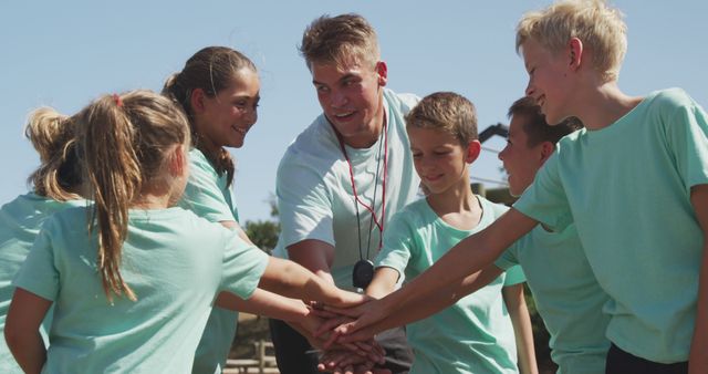 Coach and Youth Team in a Successful Group Huddle Outdoor - Download Free Stock Images Pikwizard.com