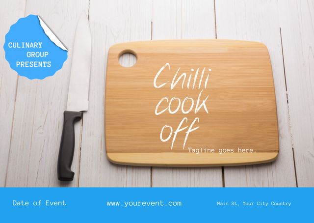 Cutting board and kitchen knife emphasize cooking theme. Suitable for promoting chilli cook off events. Ideal for culinary schools, cooking clubs, and food festivals. Perfect for social media, websites, and promotional materials to attract participants and attendees.