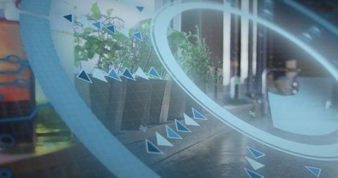 Augmented reality HUD hovering over sunlit interior floor with planter and glass door