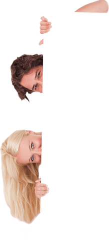 Attractive Couple Peeking Over Transparent Blank Card with Smiles
