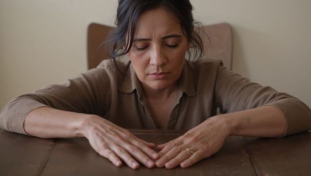Contemplative hispanic woman leaning on worn wooden table showing ring and tattoo
