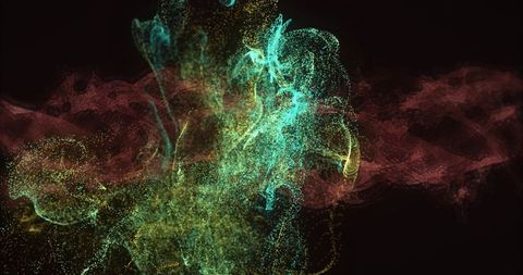 Swirling Teal and Magenta Particle Cloud Forming Luminous Plumes and Filaments