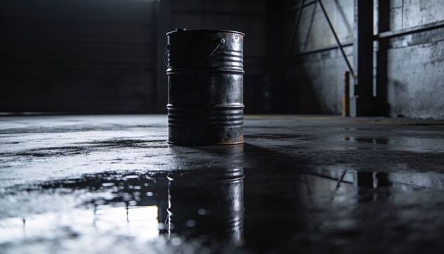 Rusted Metal Drum Reflecting on Wet Industrial Floor with Rim Lighting and Strong Shadows