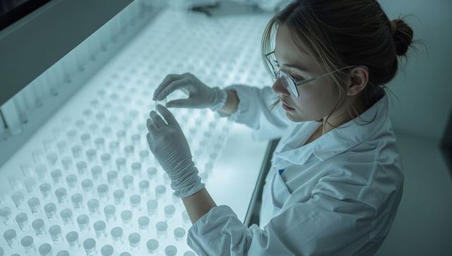 Scientist Inspecting Vial Array on Backlit Laboratory Bench for Clinical Research