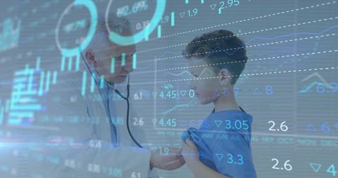 Doctor Examining Child with Health Data Overlay in Medical Office