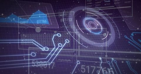 Rotating Holographic Circular HUD Display with Neon Grid Data Visualization Interface