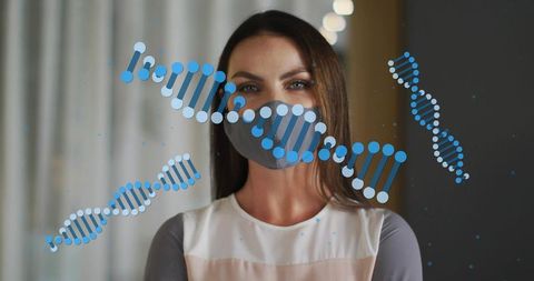 Masked woman in clinic with floating dna strands representing genomics and healthcare