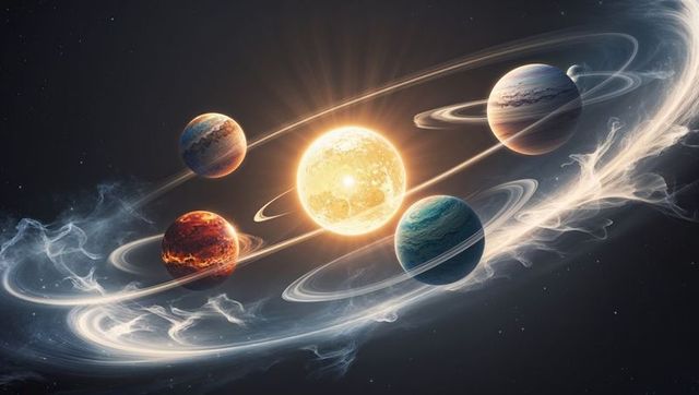 Luminous star centered in abstract planetary system