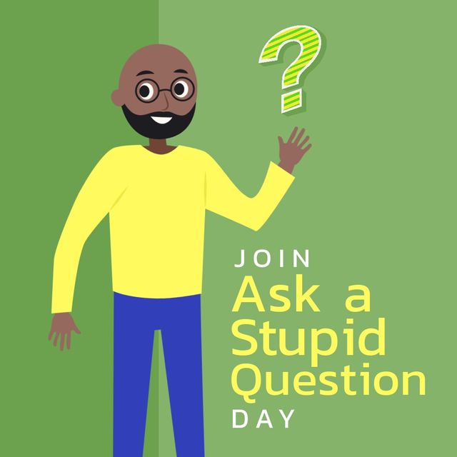 Cartoon illustration featuring a bald man urging people to participate in Ask a Stupid Question Day with a floating question mark next to him. Ideal for campaigns or materials promoting openness in asking any type of question, perhaps for educational, corporate, or social media content. The inviting expression and clean design make it suitable for websites or posters aimed at creating an inclusive environment.