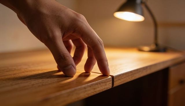 Touching fingertips tracing seam on wooden desk closeup under warm lamp light