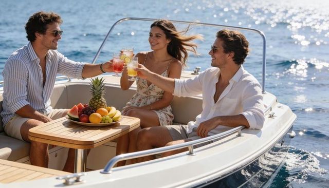 Friends toasting cocktails on motorboat with tropical fruit platter during sunny cruise