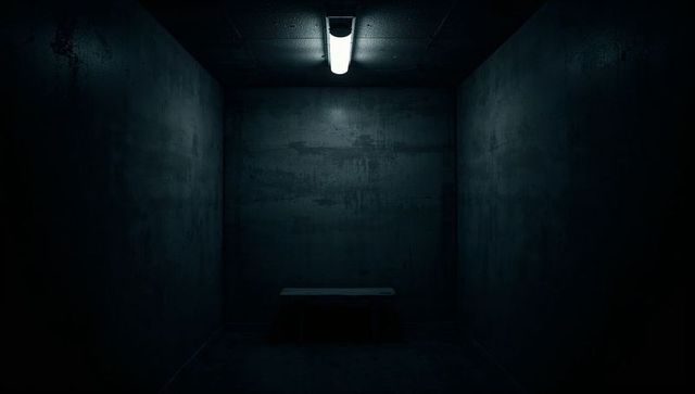 Creepy Dimly Lit Empty Concrete Room with Harsh Light