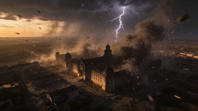 Lightning striking historic cathedral amid explosive storm, smoke, embers and urban ruin