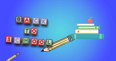 Back to School Concept with Books and Pencil on Blue Background