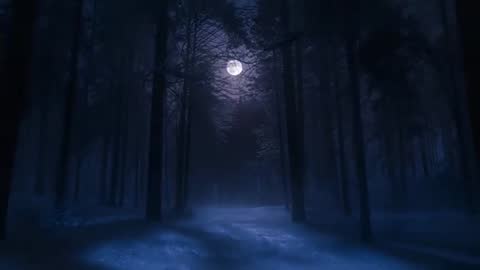 Advancing Camera Revealing Moonlit Snowy Forest Path with Mist and Full Moon