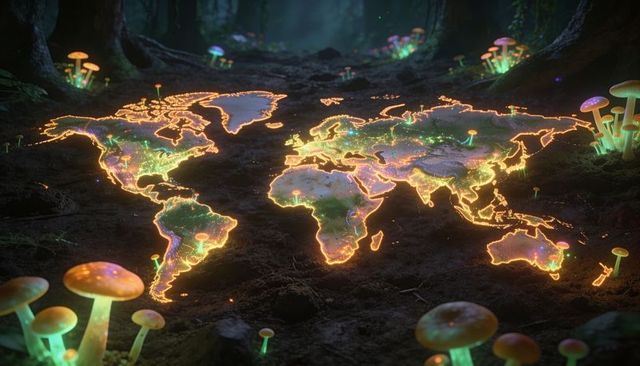 Glowing world map pulsing across mossy forest floor with bioluminescent mushrooms at night
