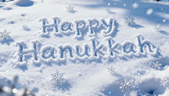 Happy hanukkah carved in snow with sparkling snowflakes and sunlit bokeh