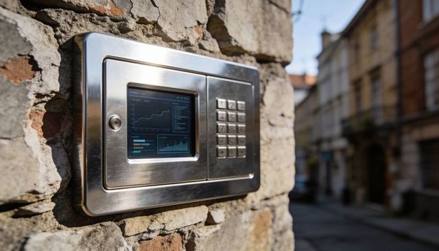 Smart stainless access control panel with keypad and color display on masonry wall