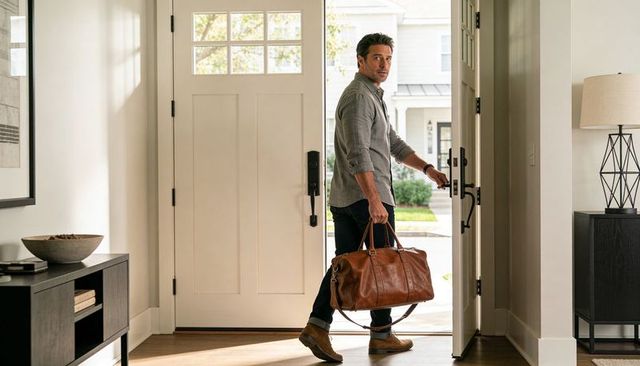 Man carrying leather duffel leaving modern farmhouse entryway through open front door
