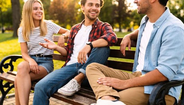 Young friends chatting on park bench at golden hour, casual conversation, laughter and wearable tech