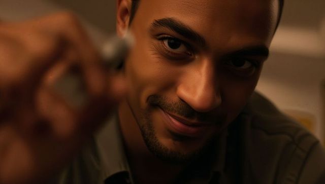 Smiling man holding small round object close to camera warm closeup portrait amber bokeh