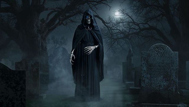 Grim Reaper Wandering Haunted Cemetery by Moonlight