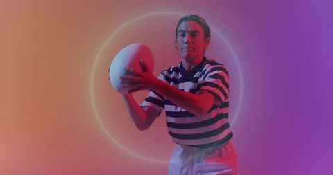 Female Rugby Player in Action with Vibrant Neon Circle Overlay