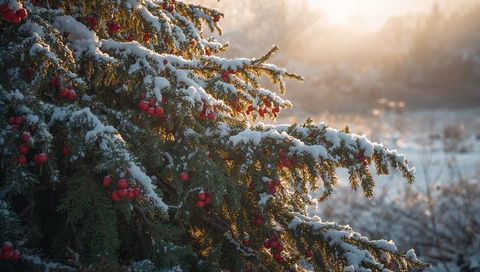 Sunlit evergreen branch dusted with snow and red berries, golden-hour winter meadow