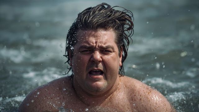 Struggling man pushing through choppy coastal water with splashing droplets and grit