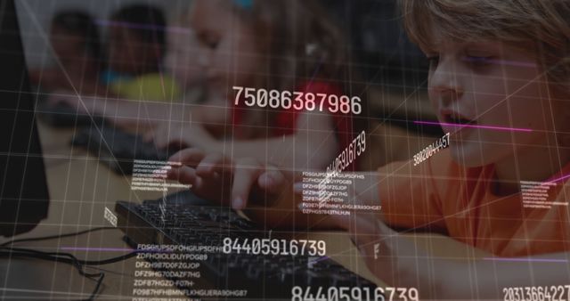 Children Learning Coding on Computers with Data Overlay - Download Free Stock Images Pikwizard.com