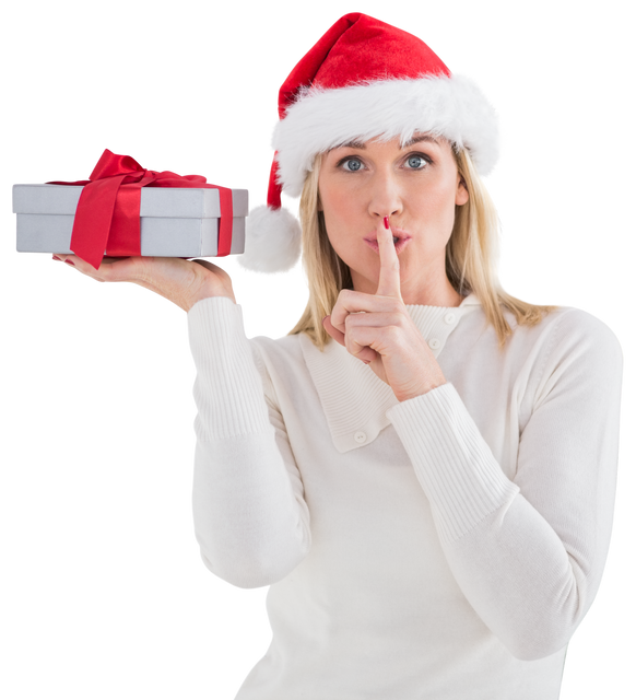 Smiling Woman with Santa Hat Holding Gift Making Quiet Gesture on Transparent Background - Download Free Stock Videos Pikwizard.com